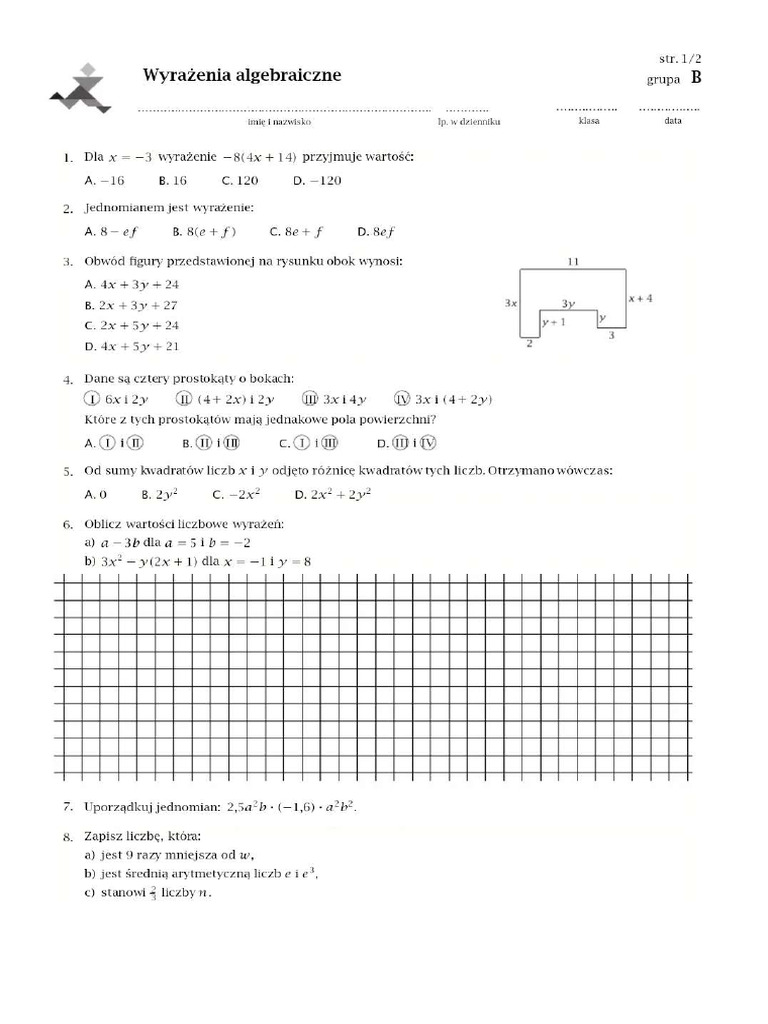 Sprawdzian Z Matematyki Klasa 4 Wyrażenia Dwumianowane Klasa 7 - Wyrażenia Algebraiczne - Sprawdzian | PDF