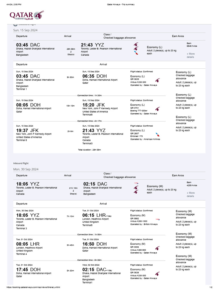 Qatar Airways Trip Summary PDF Civil Aviation Aviation