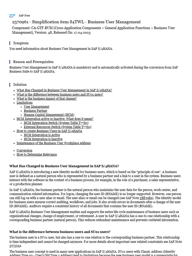 Business User Management in SAP S/4HANA | PDF | Human Resource ...