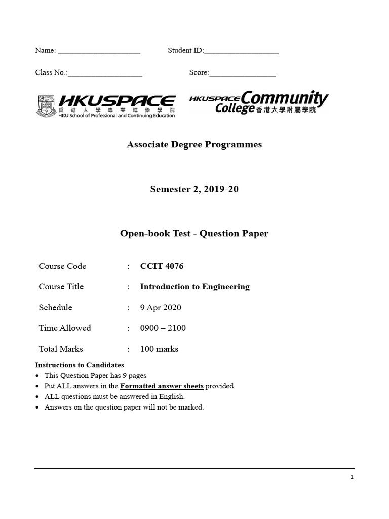Engineering Open-book Test Paper | PDF | Force | Electron