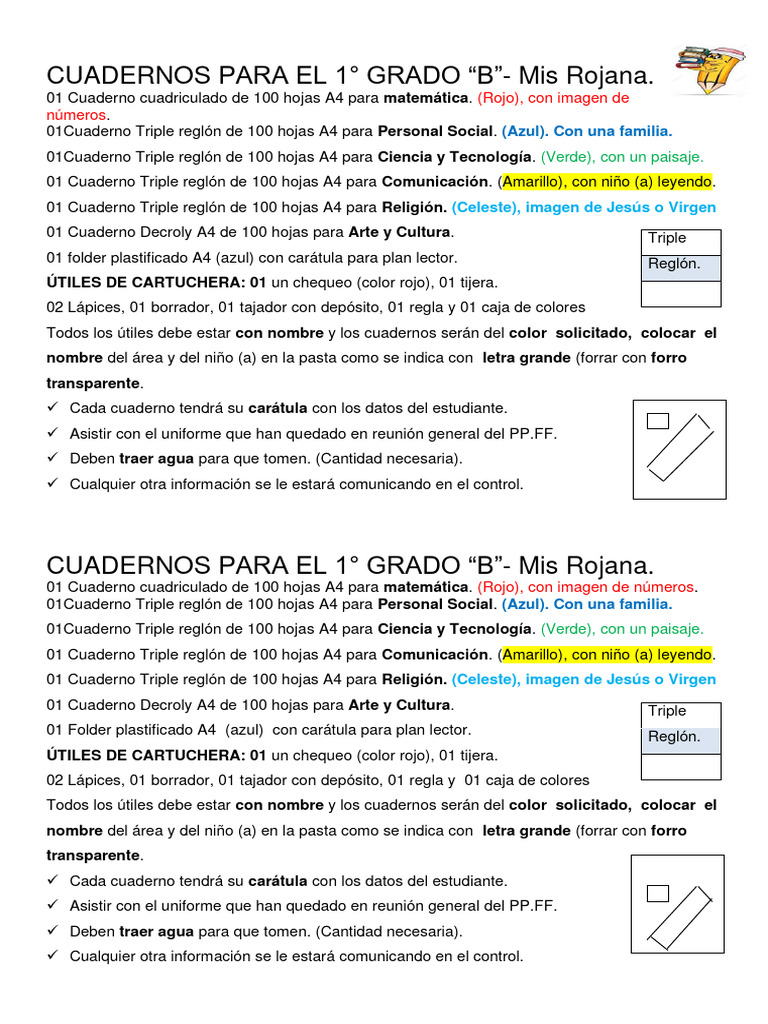 Útiles y Cuadernos 1° Grado B Mis Rojana | PDF | Arco iris | Ligero