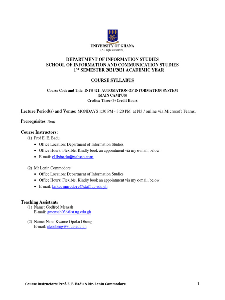 INFS 421 COURSE SYLLABUS INFS 421 1st Sem 2022 Main PDF