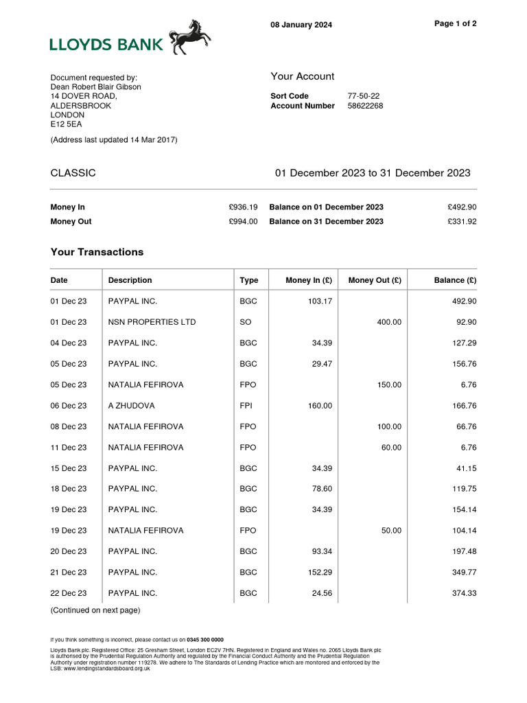 Lloyds Bank Account Statement Summary | PDF | Payments | Pay Pal
