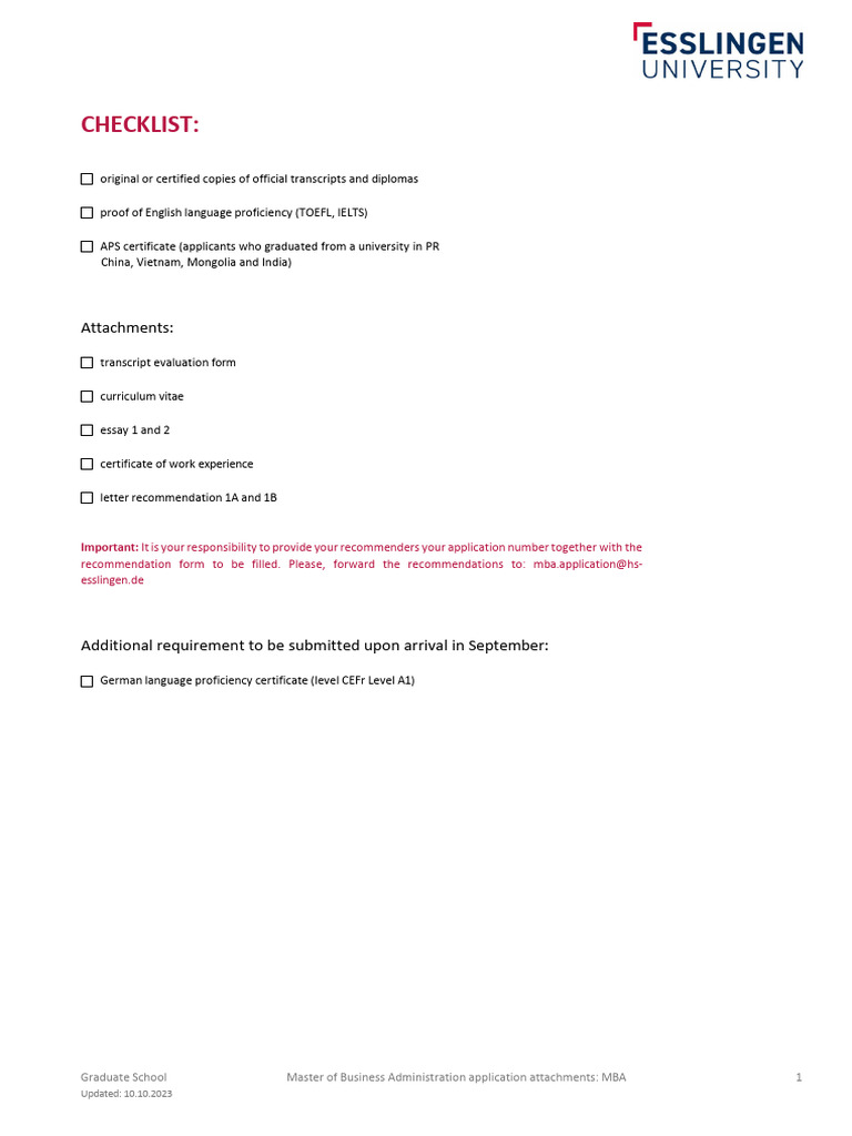MBA Application Requirements Checklist | PDF | Career & Growth | Business