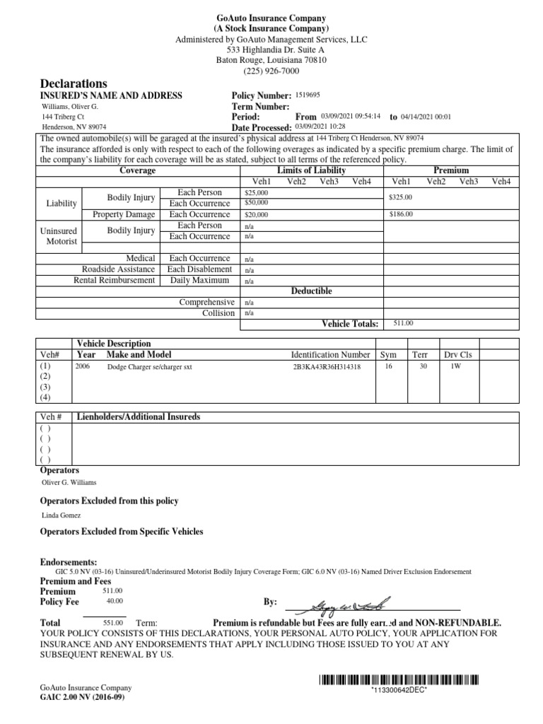 GoAuto Insurance Policy Declaration Form | PDF | Insurance | Liability ...