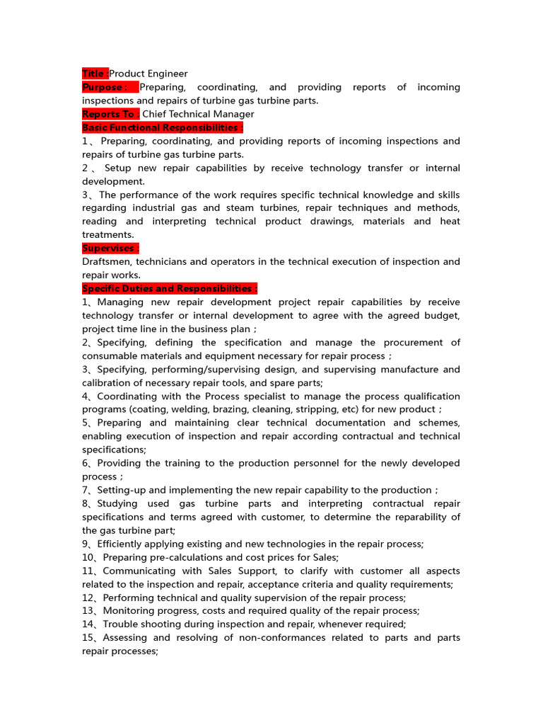 Gas Turbine Parts Repair Engineer | PDF | Specification (Technical ...