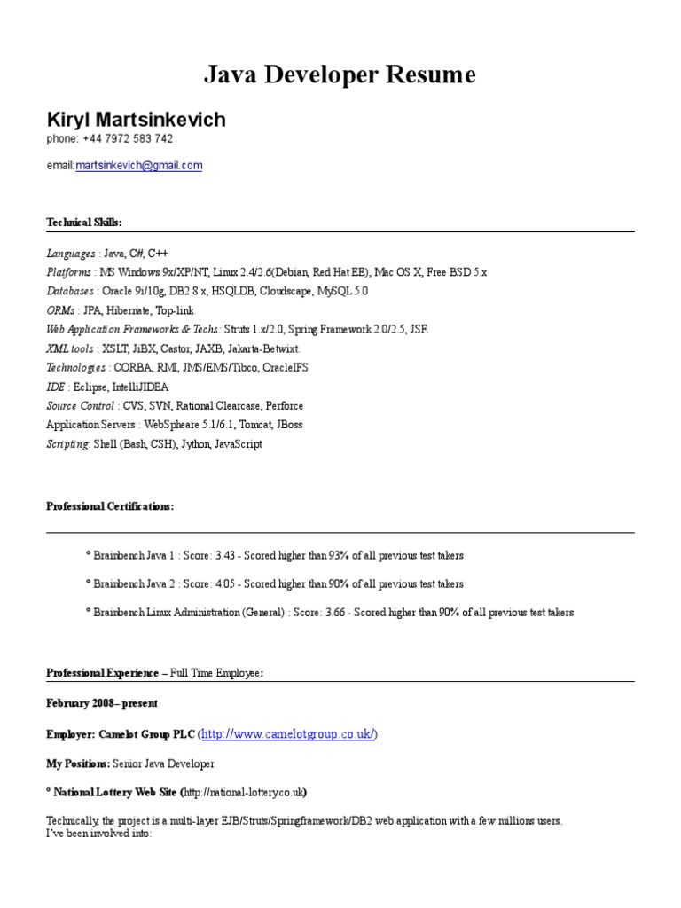 Resume of Java Developer_ J2EE_Java Developer Resume | Xslt | Spring ...