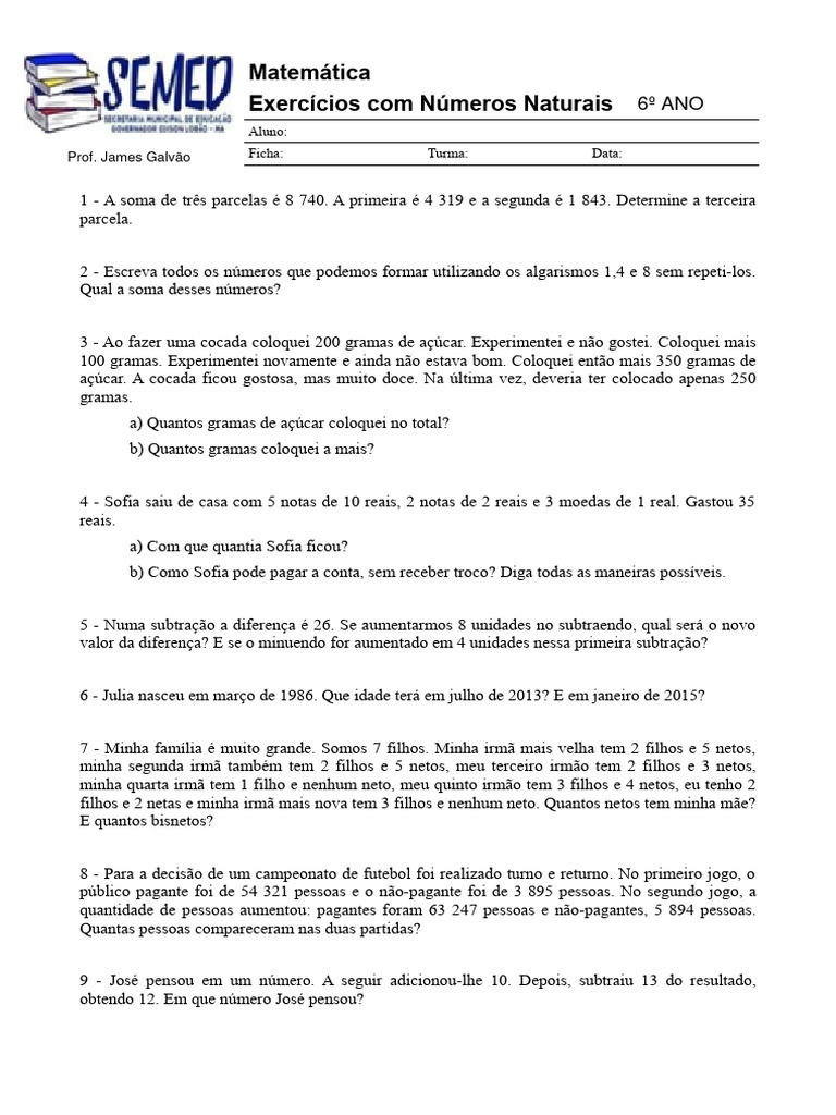 Exercícios de Números Naturais 6º Ano | PDF