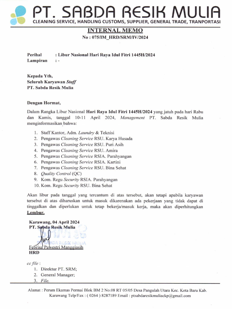 075 Internal Memo Libur Hari Raya Idul Fitri 1445 H | PDF