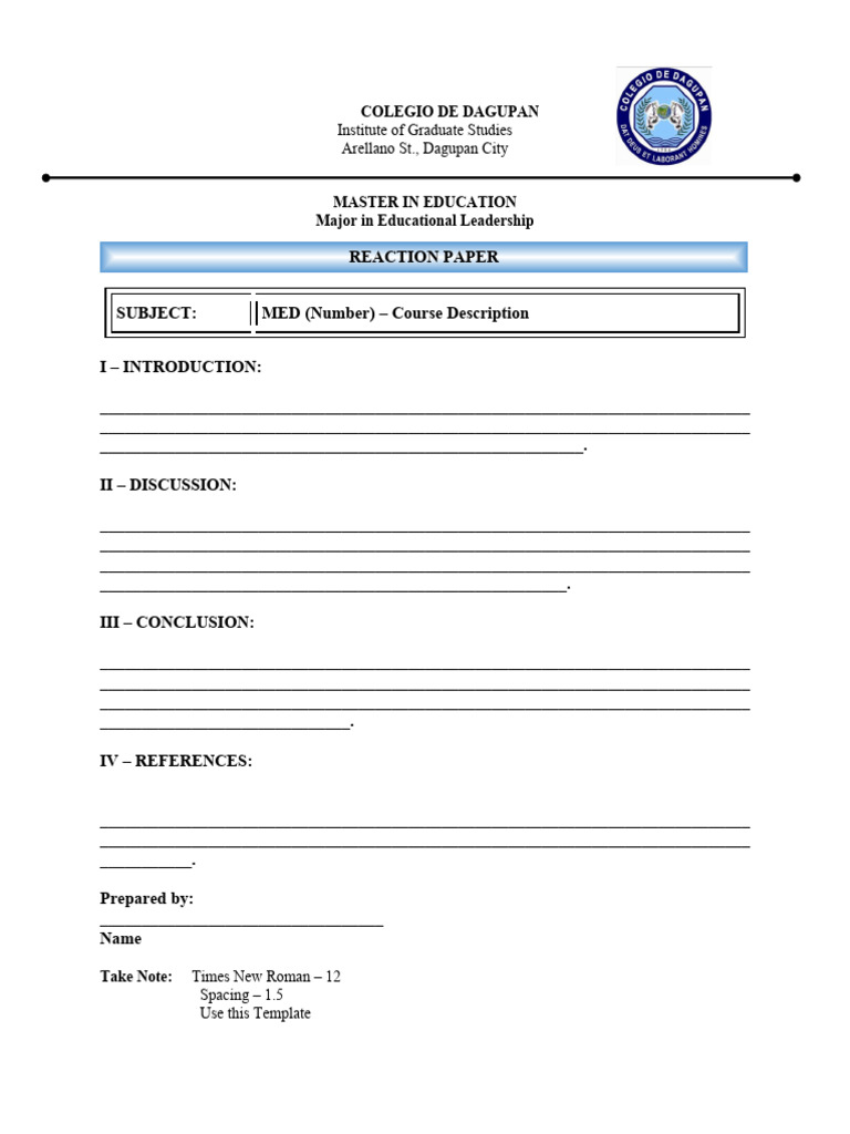 Reaction Paper Template for Education | PDF