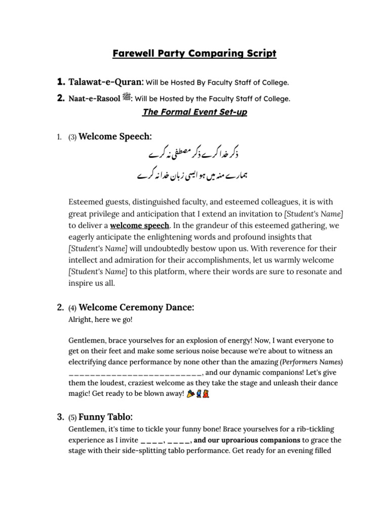 Farewell party comparing script google docs pdf