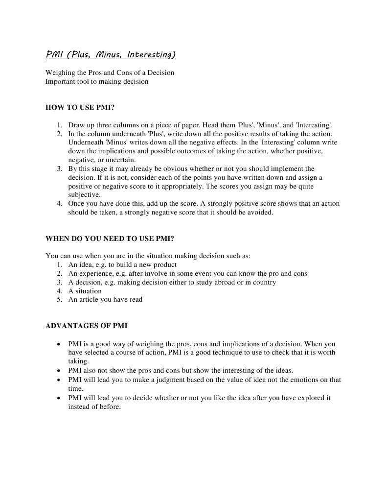 PMI (Plus, Minus, Interesting) : How To Use Pmi? | PDF | Career & Growth
