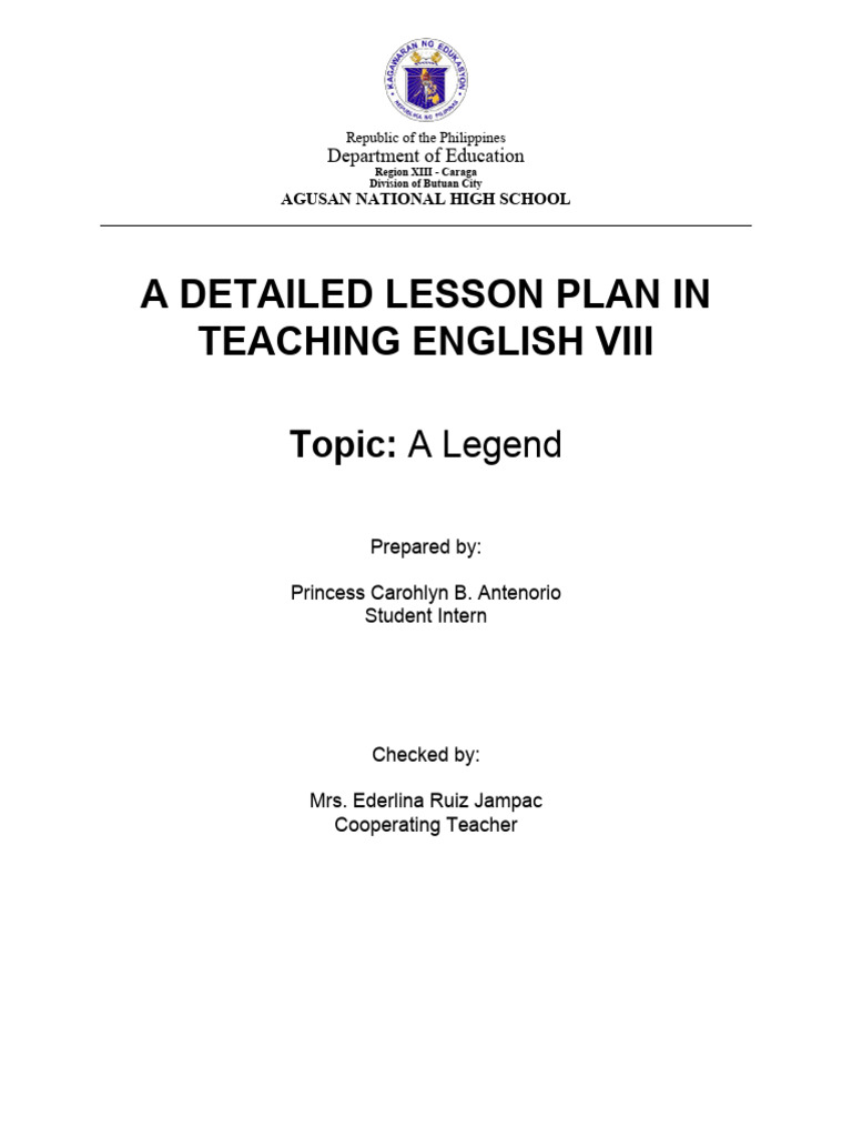 Detailed Lesson Plan: A Legend in English | PDF | Lesson Plan | Classroom