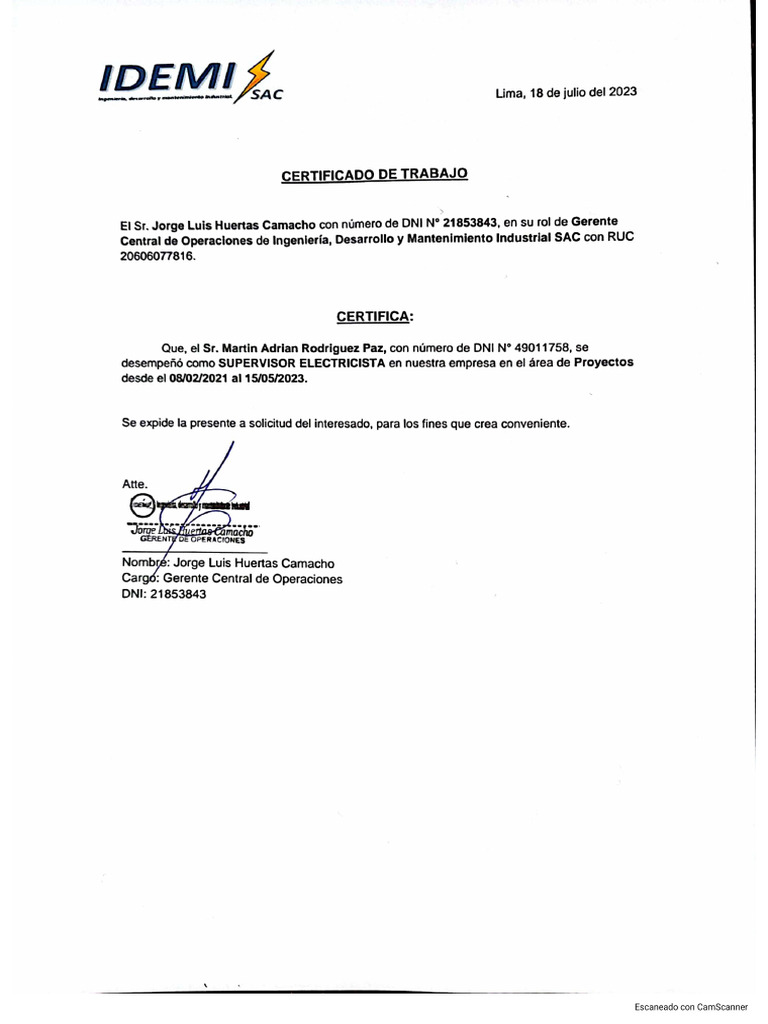 Certificado de Trabajo Idemi Sac PDF