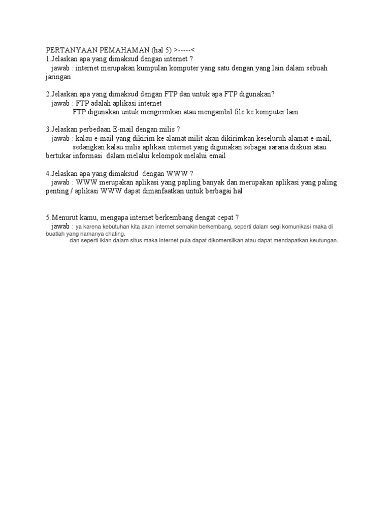 Pertanyaan Pemahaman Hal 5 1 Jelaskan Apa Yang Dimaksud Dengan Internet