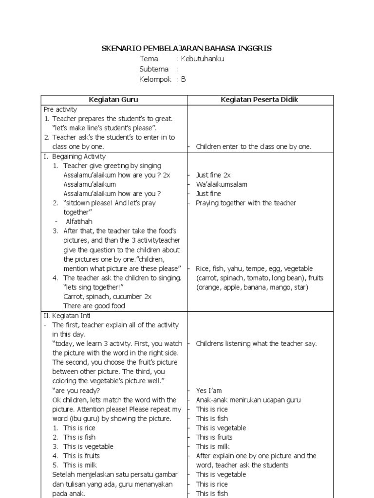 Skenario Pembelajaran Bahasa Inggris | Cereals | Fruit