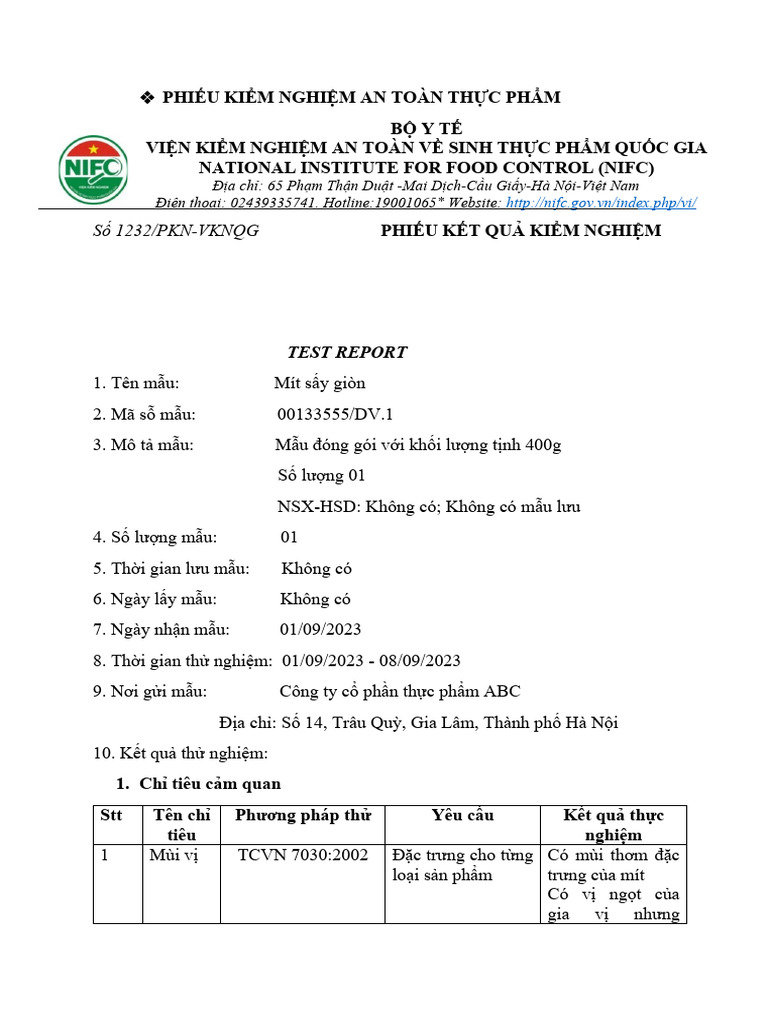 PHIẾU KIỂM NGHIỆM AN TOÀN THỰC PHẨM | PDF