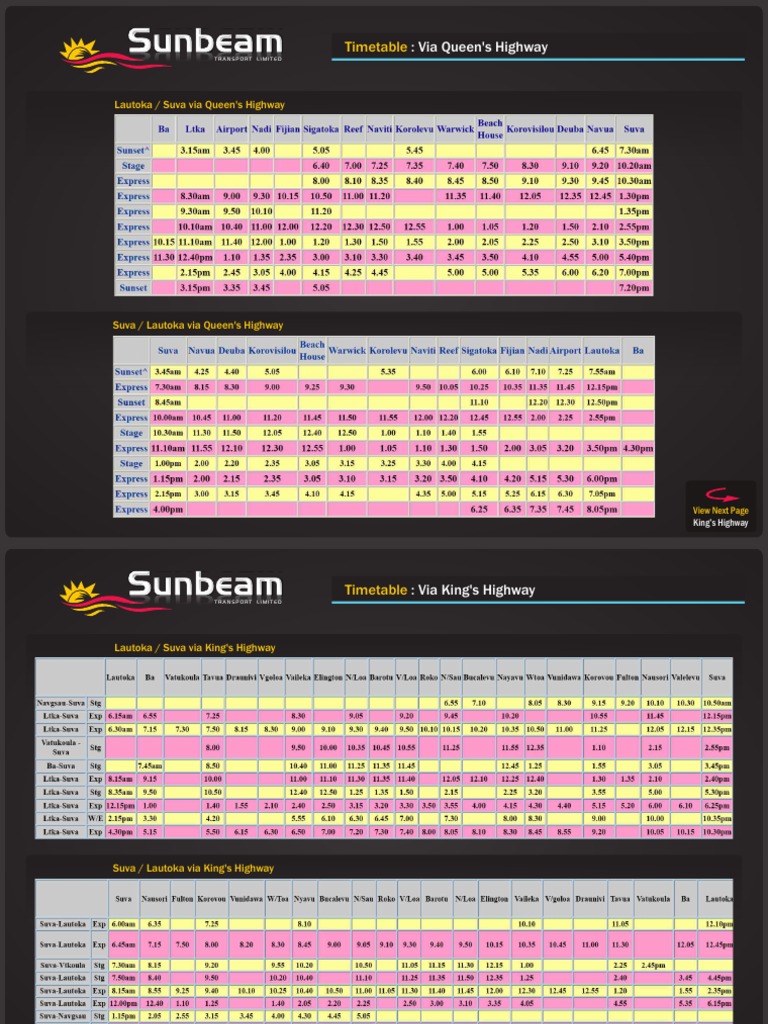 Sunbeam Timetable