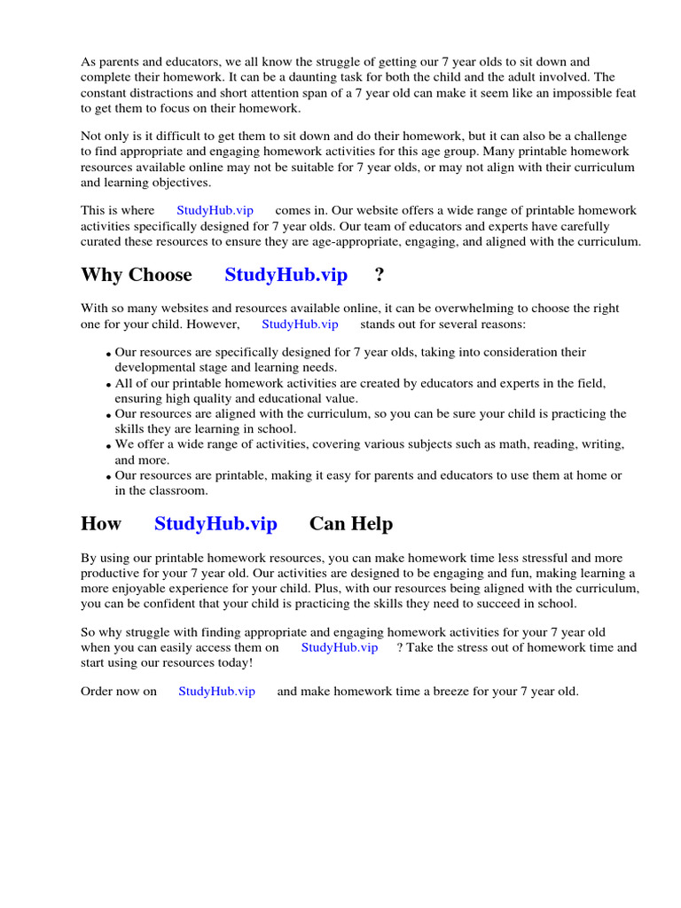 Printable Homework For 7 Year Olds | PDF | Worksheet | Homework