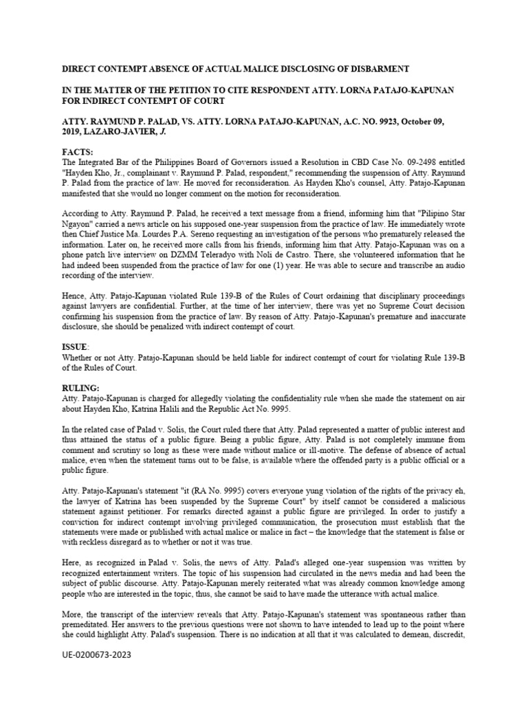 Indirect Contempt Case: Patajo-Kapunan | PDF | Justice | Crime & Violence