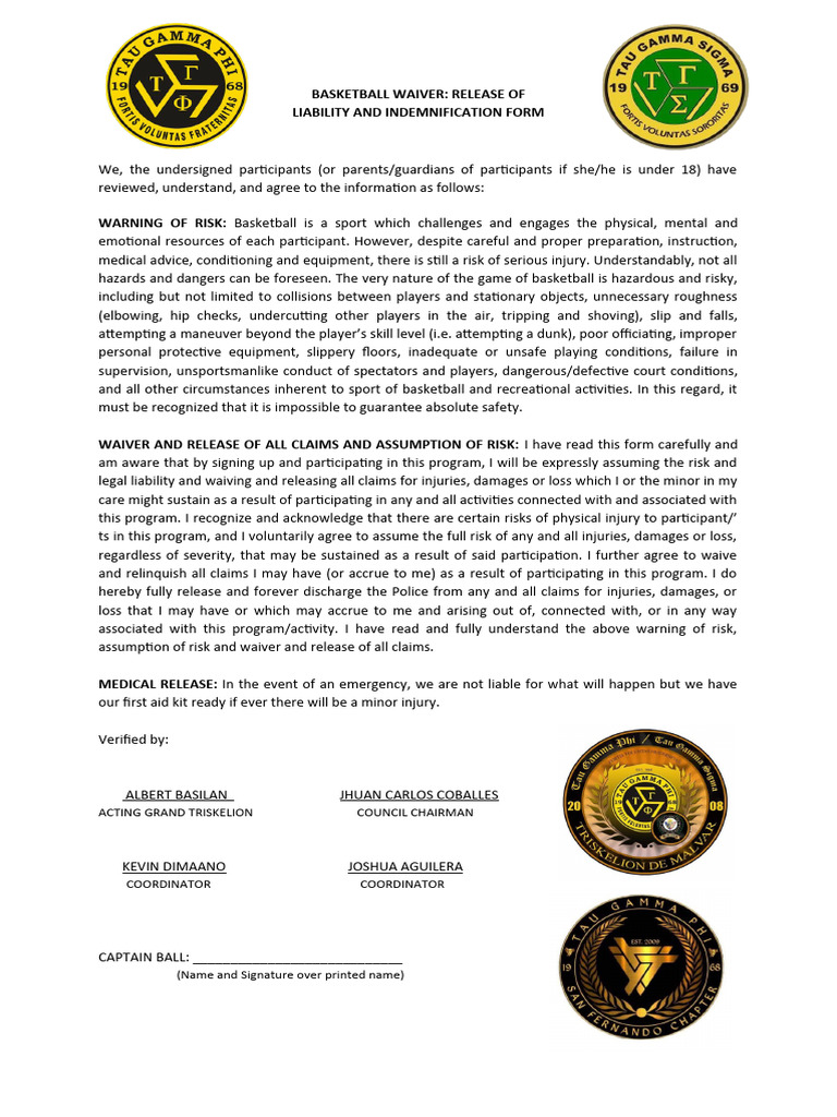 Basketball Player Waiver | PDF | Legal Liability | Risk
