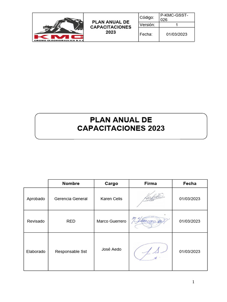 Plan Anual de Capacitación 2023 KMC | PDF | Seguridad y salud ...
