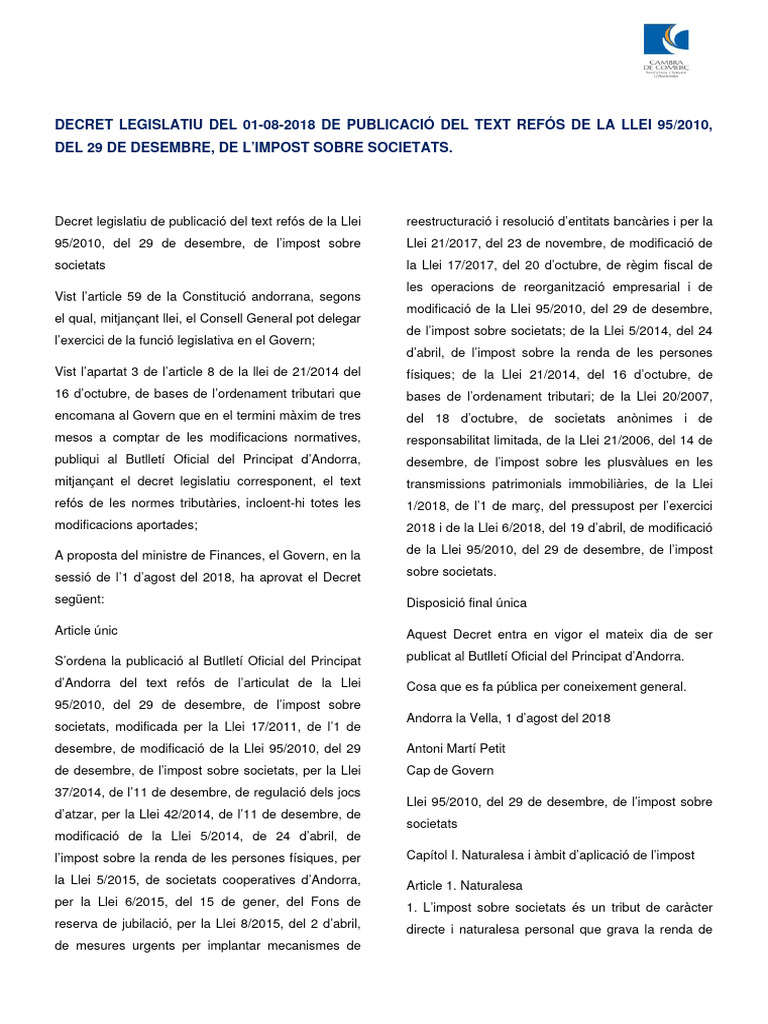 Text Refós de La Llei de Limpost Sobre Societats | PDF