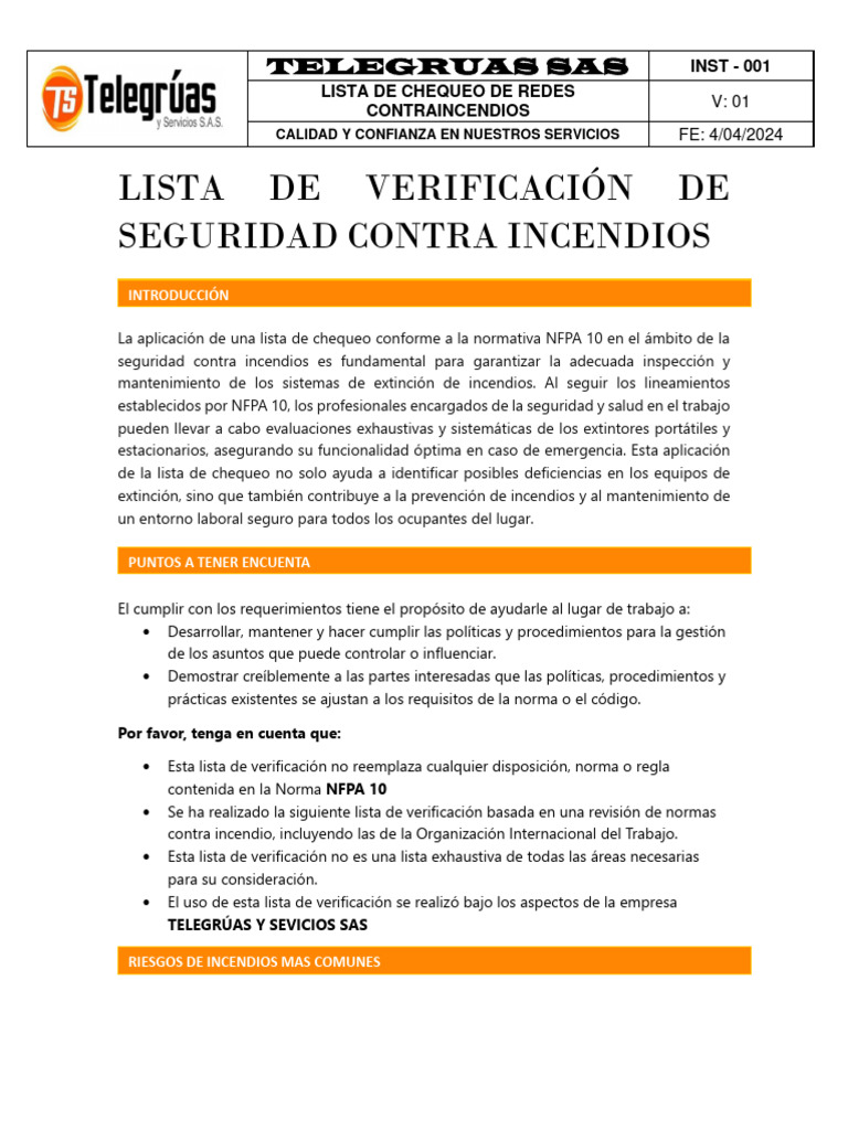Lista de Chequeo de Seguridad Contra Incendios | PDF
