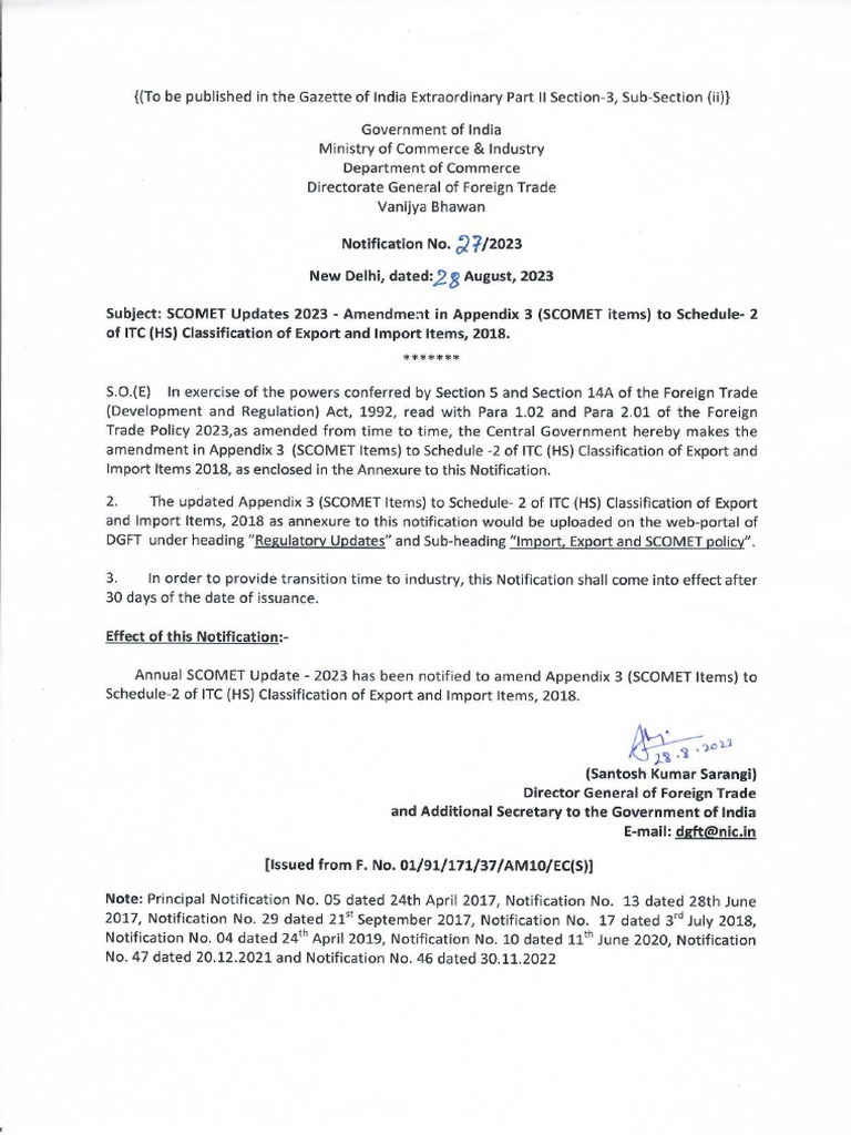 Amendment in SCOMET Items To Classification of Export and Import Items ...
