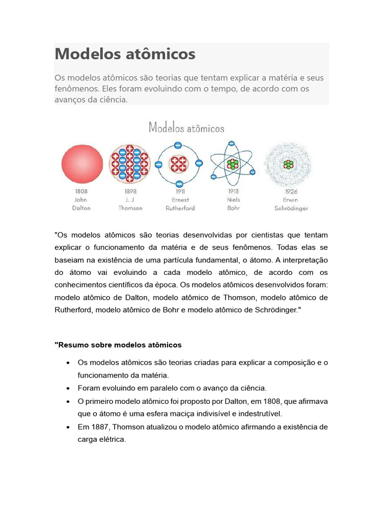 Evolução dos Modelos Atômicos | PDF | Elétron | Átomos