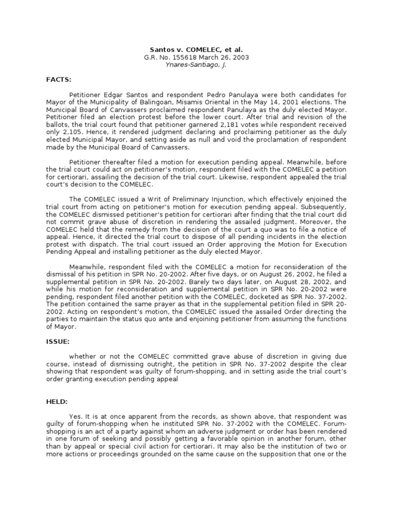 Digest of santos v comelec g r no 155618 pdf judgment law