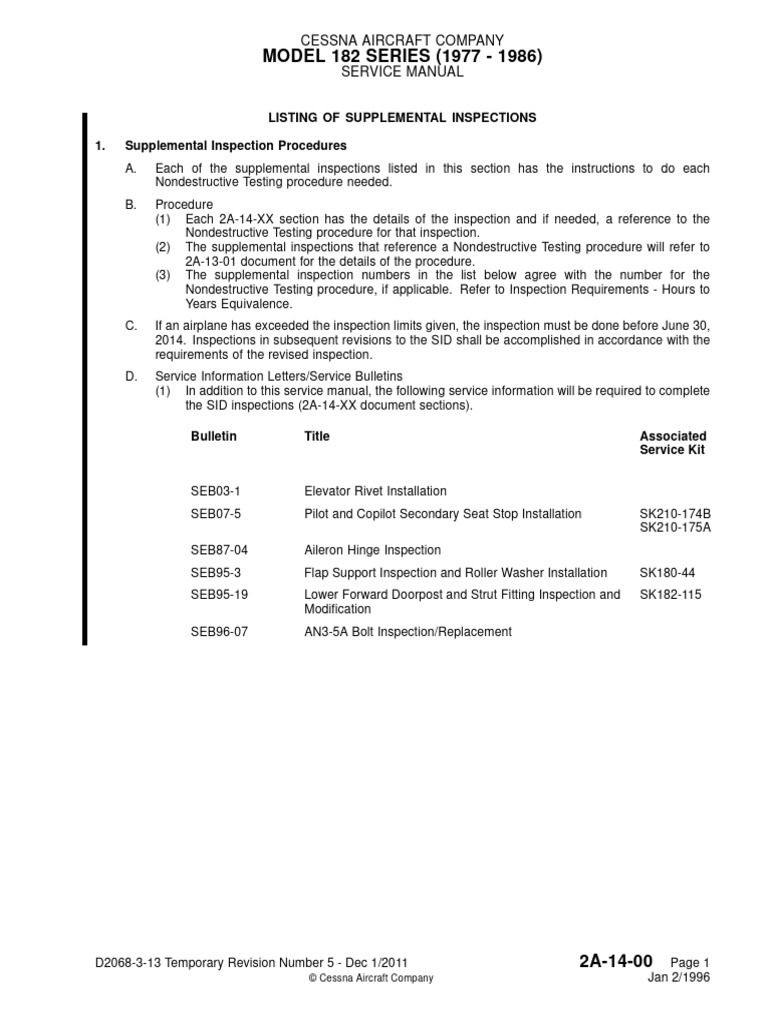 Cessna 182 Series Supplemental Inspections | PDF | Landing Gear ...