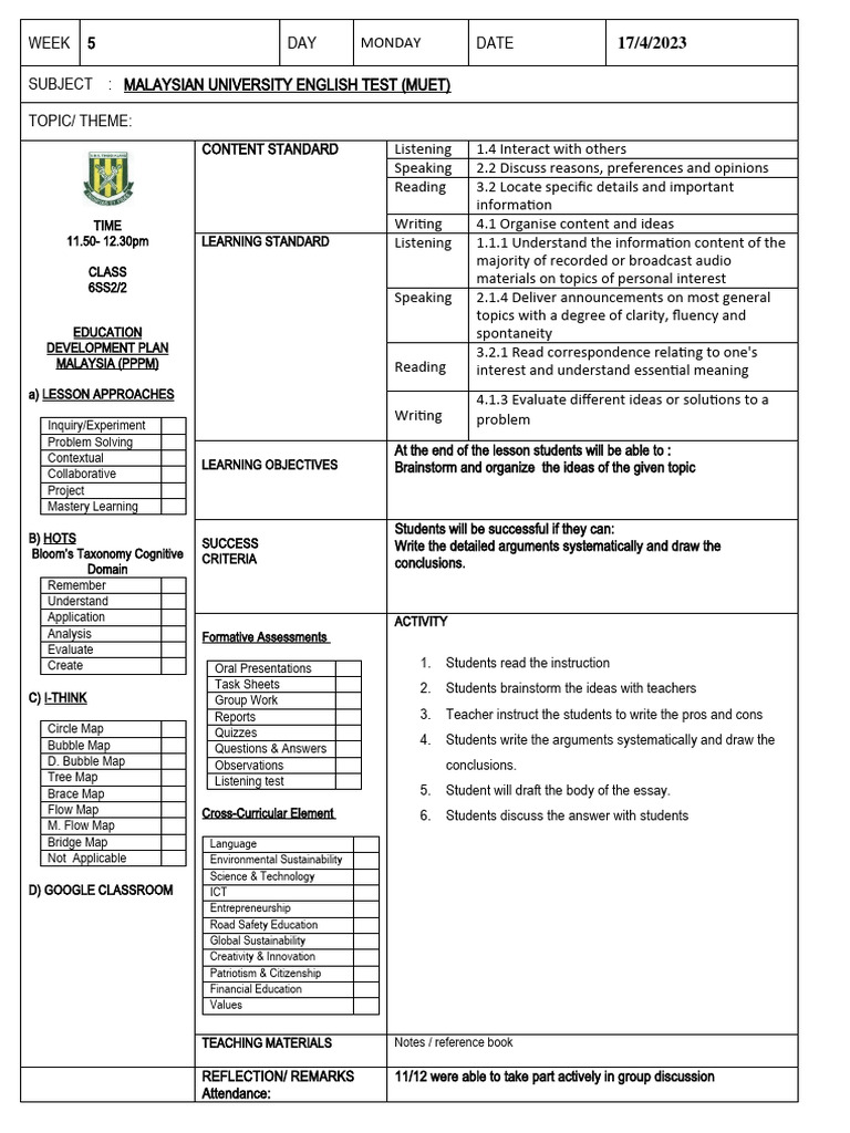 MUET Lesson Plans and Activities | PDF | Learning | Educational Technology