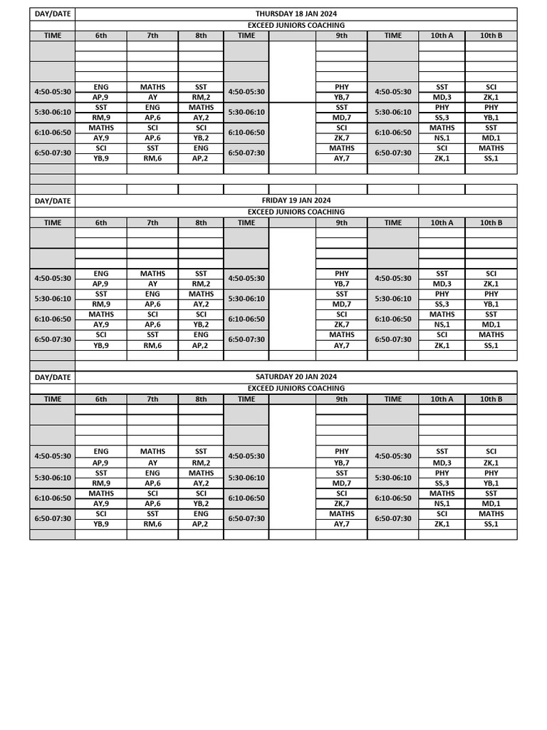 Exceed Juniors Coaching Schedule | PDF