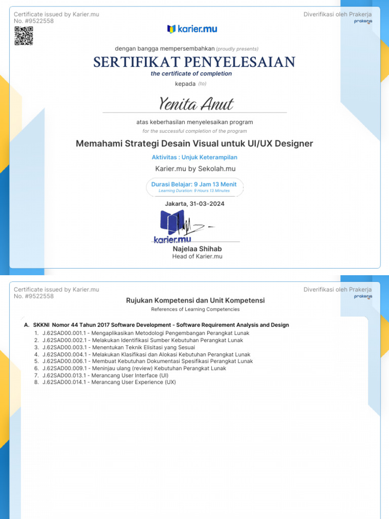Sertifikat Desain UI/UX Yenita | PDF