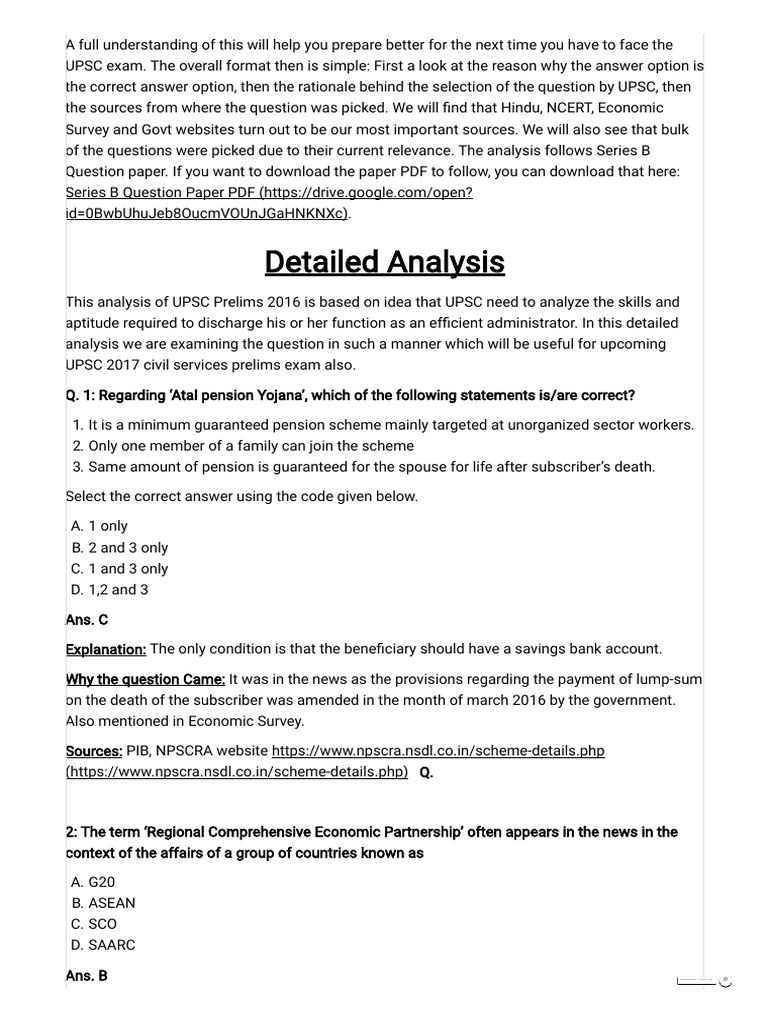 UPSC Prelims 2016 Answer Key Analysis | PDF | International Monetary ...