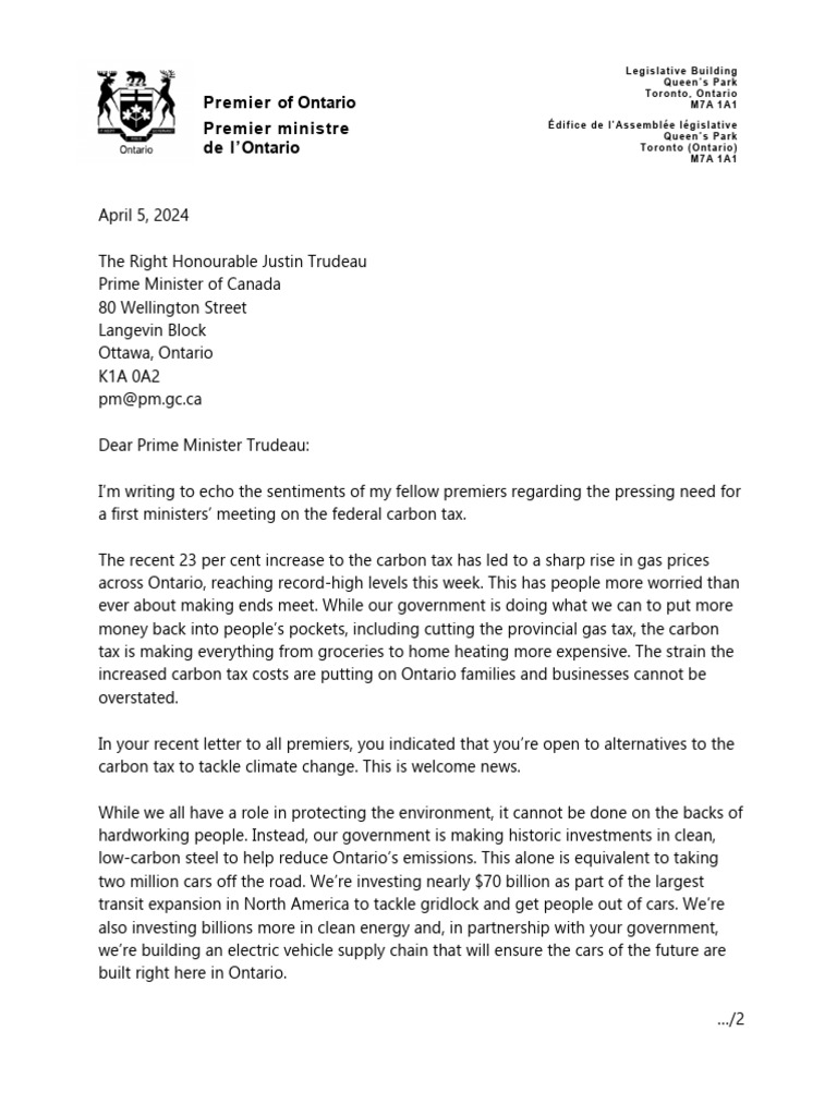 Doug Ford Letter To Justin Trudeau | PDF | Ontario | Carbon Tax