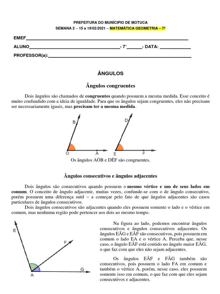 2 - 16 de Fevereiro (Geometria) Angulos Complementares e Suplementatres ...