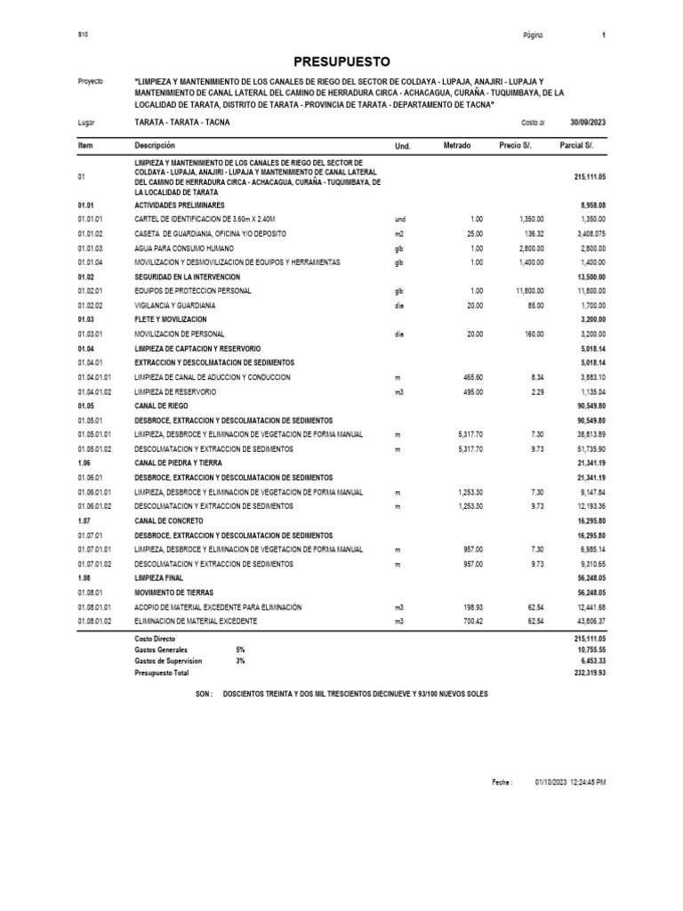 Presupuesto of | PDF | Administracion del Agua | Agua y política