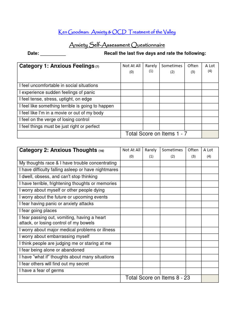 Anxiety Questionairre | PDF | Anxiety | Fear