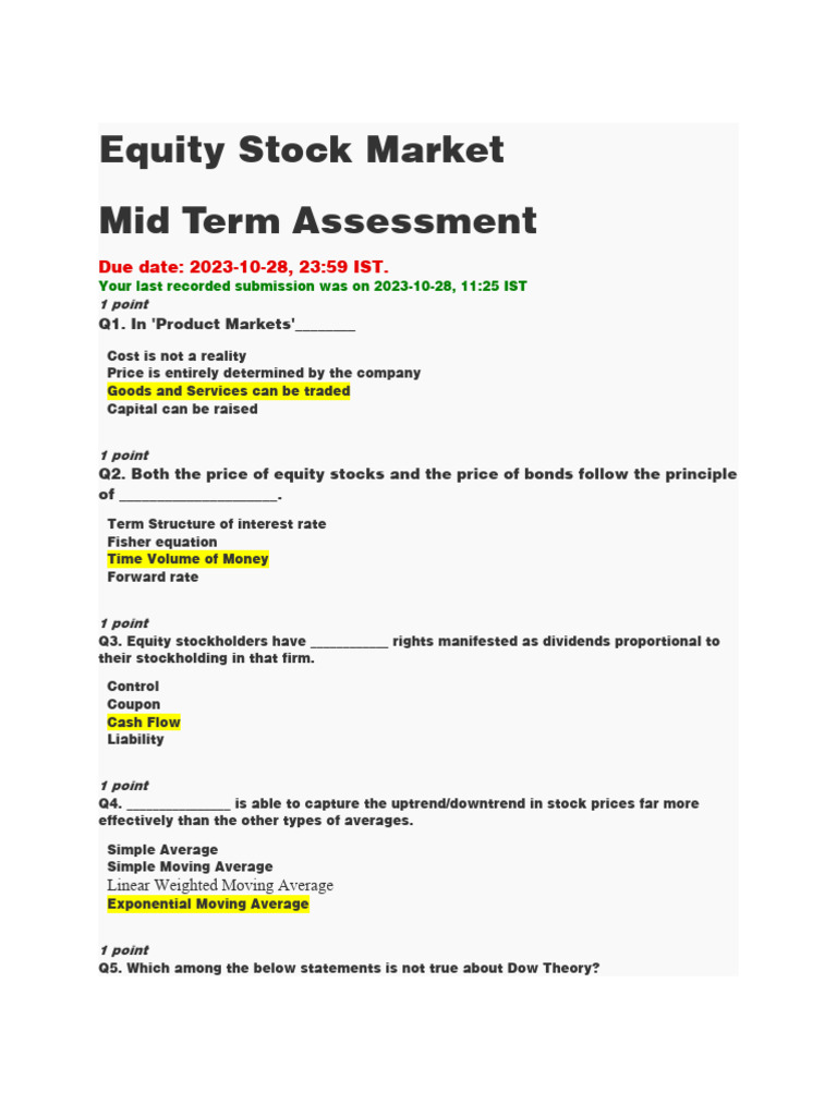 Equity Stock Market Mid-Term Assessment | PDF | Stocks | Option (Finance)