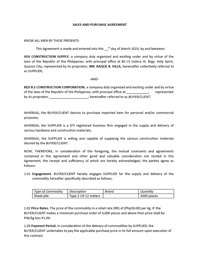 Construction Supply Agreement | PDF | Procurement | Breach Of Contract