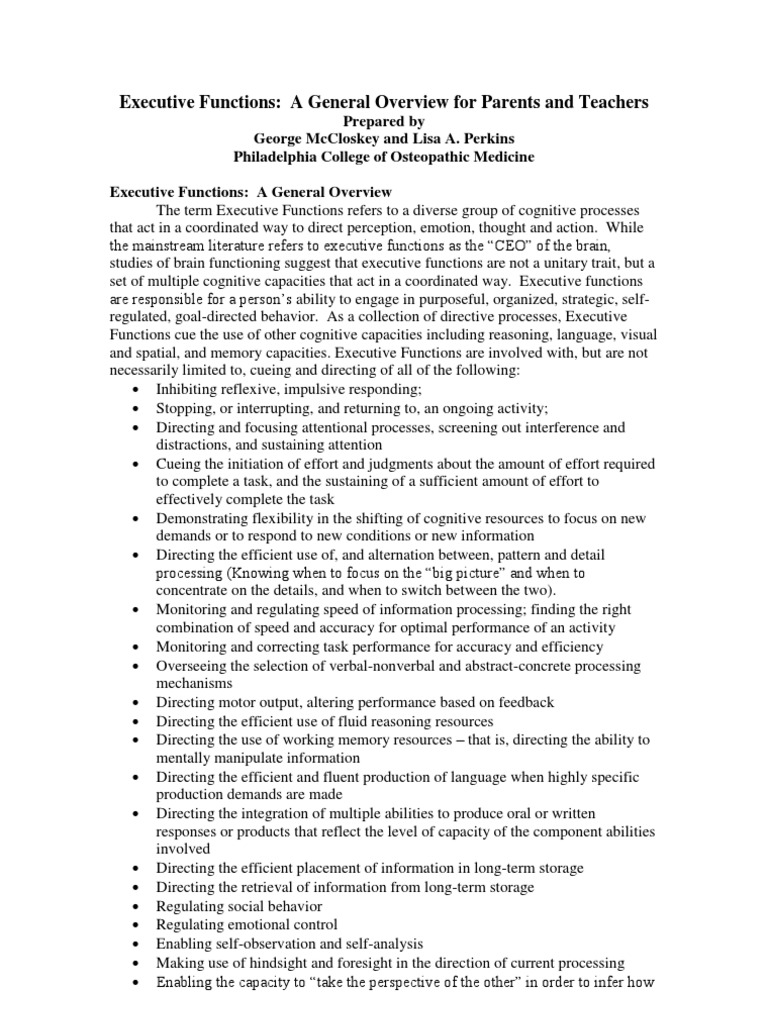 Executive Functions A General Overview For Parents and Teachers PDF