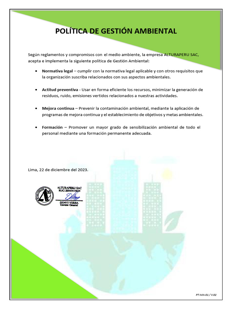 Política de Gestión Ambiental ALTURAPERU SAC | PDF