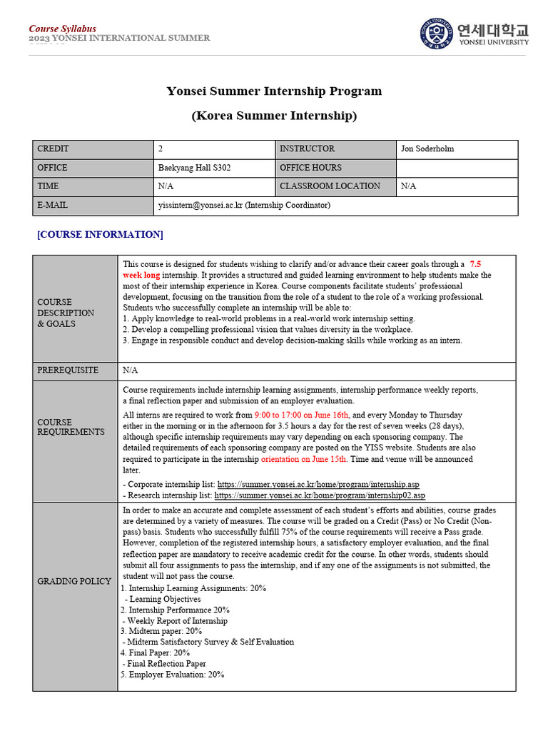 Yonsei Summer Internship Program 2023 | PDF | Internship | Job Hunting
