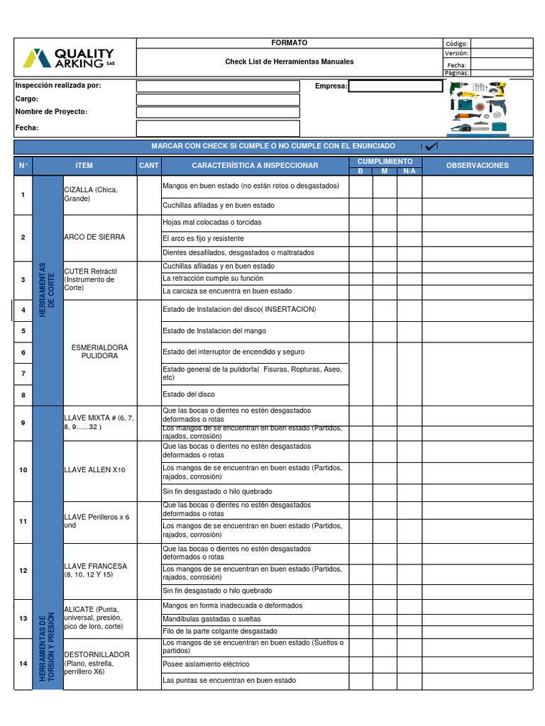 FORMATO XXXX - Check List de Herramientas Manuales - XLSX Versión 1 ...