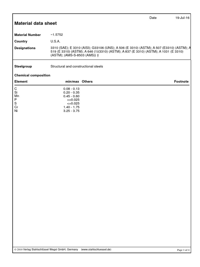 1.5752 Steel Material Specifications | PDF | Iron | Secondary Sector Of ...