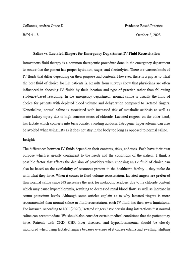 Saline vs. Lactated Ringers For Emergency Department IV Fluid