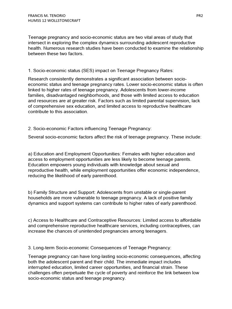 TEENAGE PREGNANCY RESEARCH PDF Teenage Pregnancy Socioeconomic Status