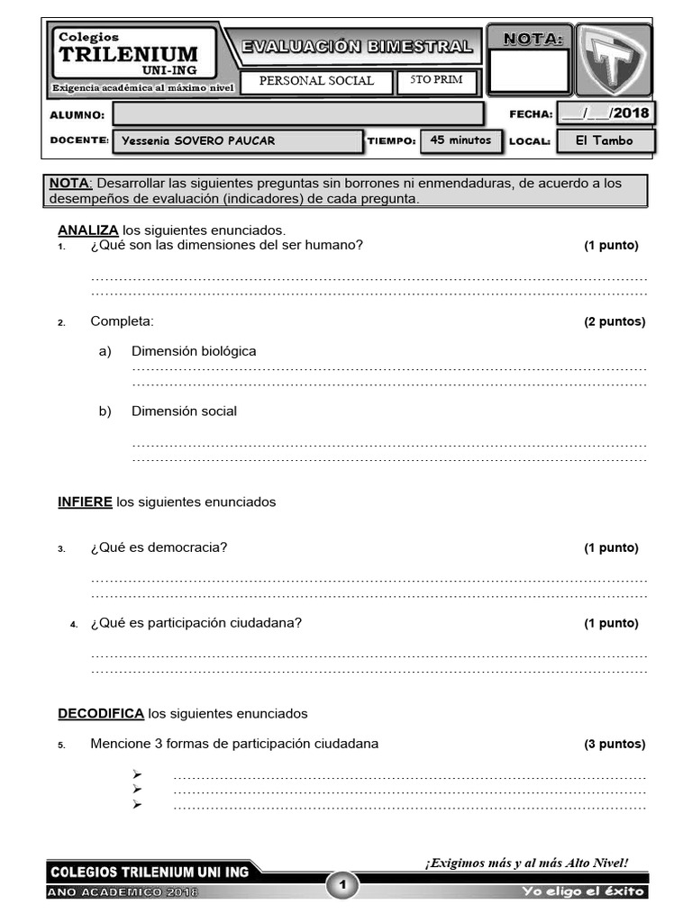 Examen de Personal Social 5to Grado | PDF | Juegos y actividades